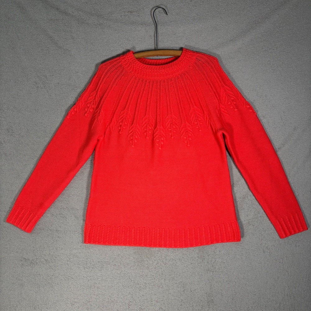 NWT Talbots‎ Women's Coral Red Knit Crew Neck Sweater Leaf Pattern Size L $99